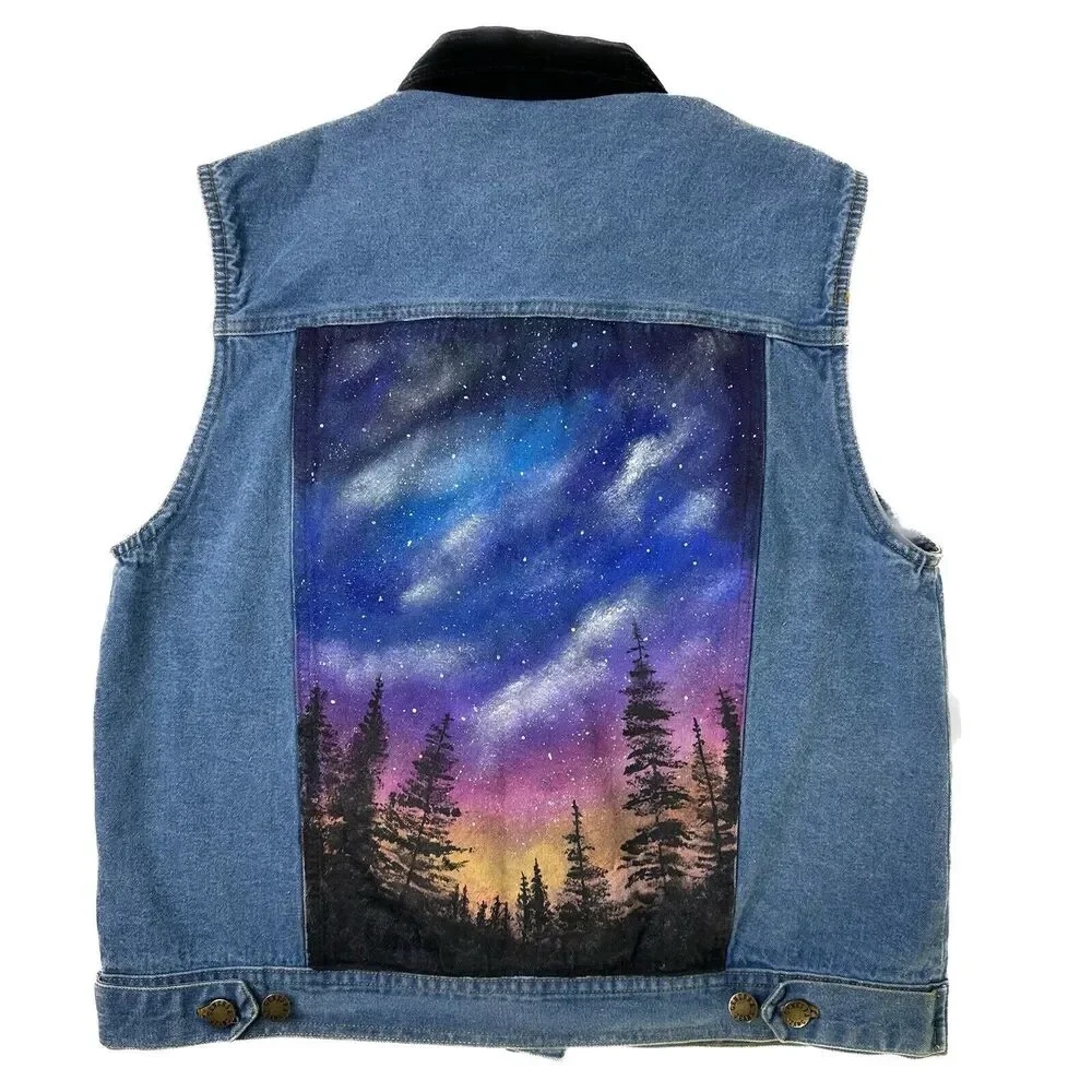 Vintage Hand Painted Denim Vest Womens Size M Forest‎ Stars Generra Art To Wear